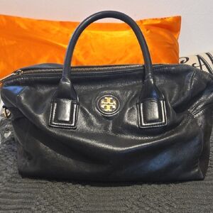 Tory Burch Black Leather Boston Style Satchel Tote  Bag
